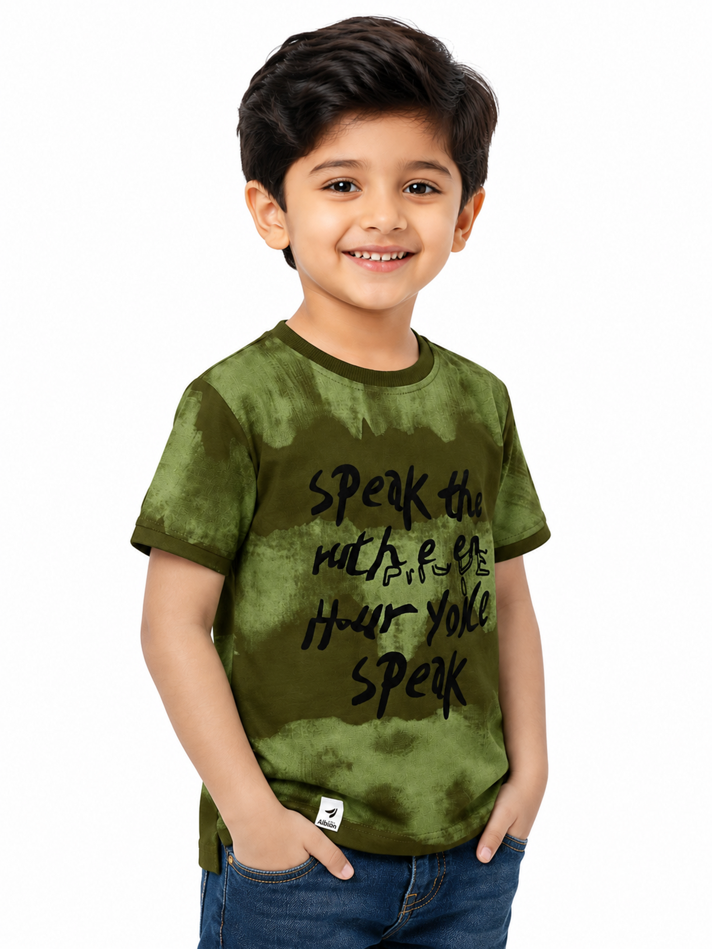 Albion Premium Cotton Kids Green Graphic Print T-Shirt