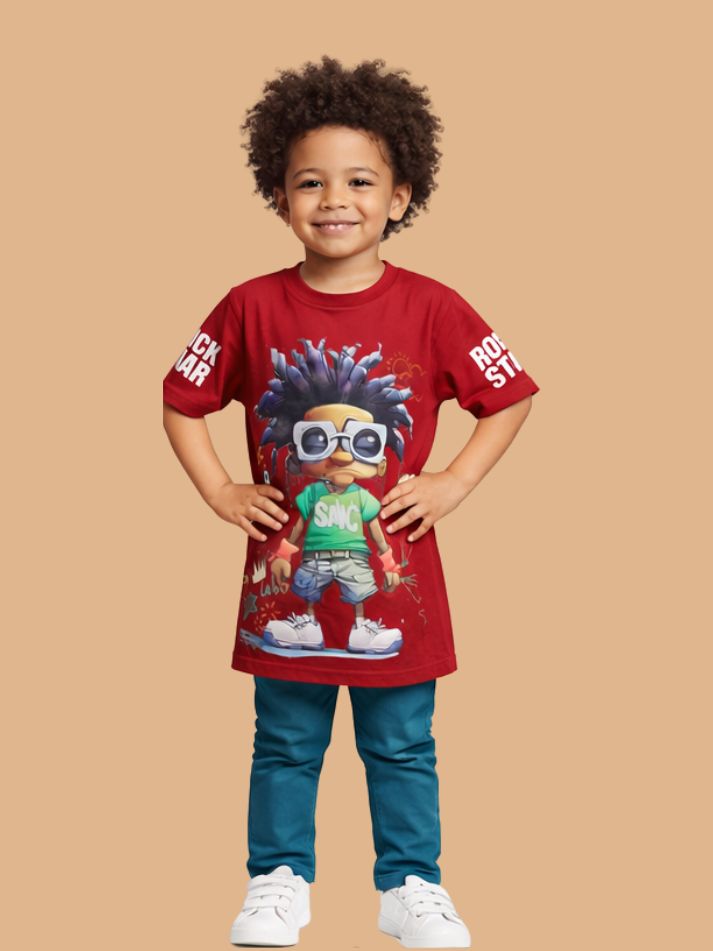 Albion Boys Maroon Graphic Printed T-Shirt | Cartoon Character Casual Cotton Tee for Kids