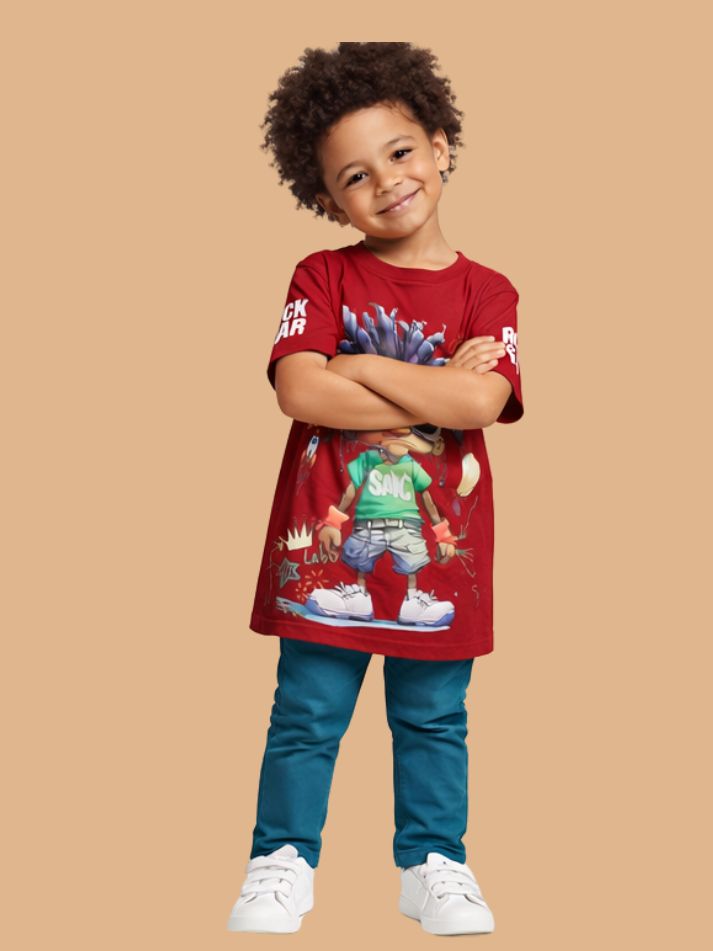 Albion Boys Maroon Graphic Printed T-Shirt | Cartoon Character Casual Cotton Tee for Kids