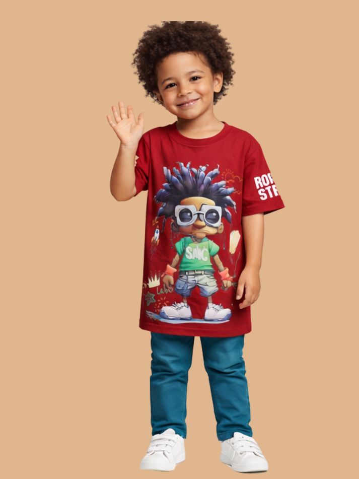 Albion Boys Maroon Graphic Printed T-Shirt | Cartoon Character Casual Cotton Tee for Kids