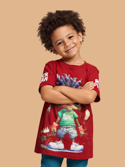 Albion Boys Maroon Graphic Printed T-Shirt | Cartoon Character Casual Cotton Tee for Kids
