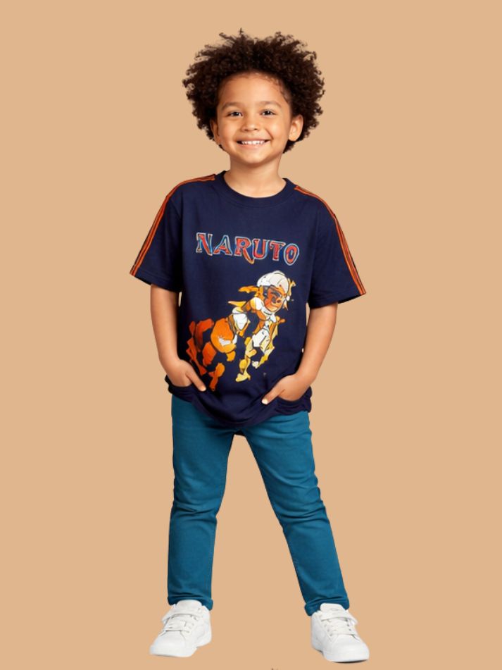 Albion Naruto Printed Kids T-Shirt | Trendy Navy Blue Anime Graphic Tee for Boys | Soft Cotton Casual Wear