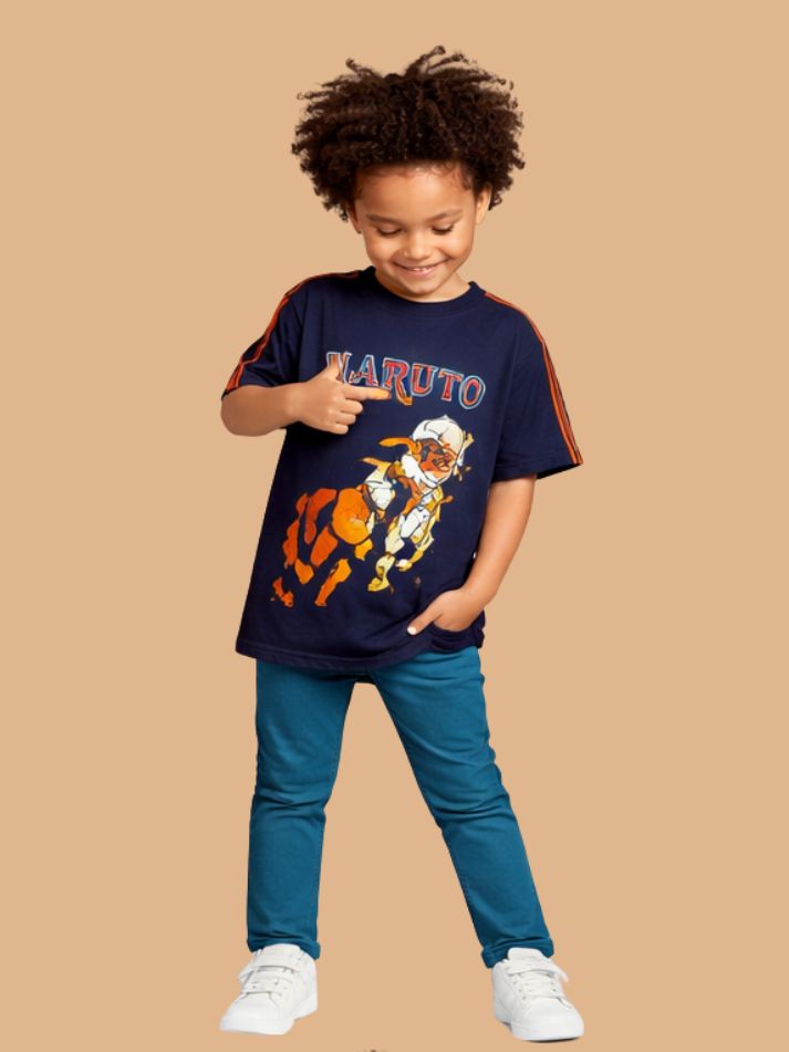 Albion Naruto Printed Kids T-Shirt | Trendy Navy Blue Anime Graphic Tee for Boys | Soft Cotton Casual Wear