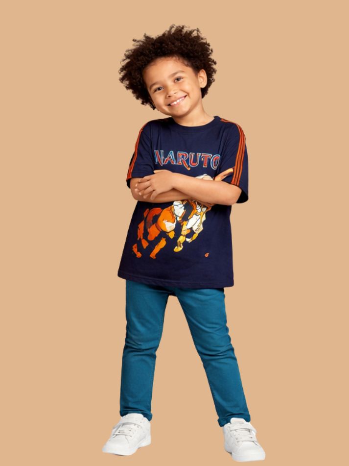 Albion Naruto Printed Kids T-Shirt | Trendy Navy Blue Anime Graphic Tee for Boys | Soft Cotton Casual Wear
