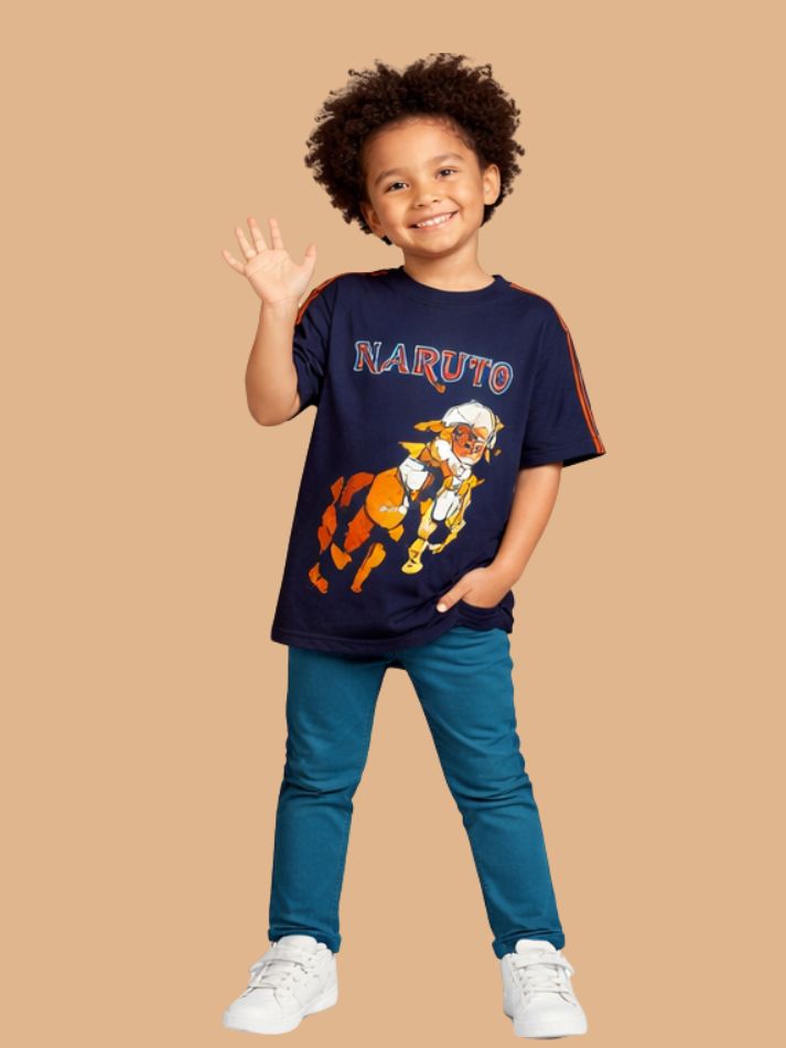 Albion Naruto Printed Kids T-Shirt | Trendy Navy Blue Anime Graphic Tee for Boys | Soft Cotton Casual Wear