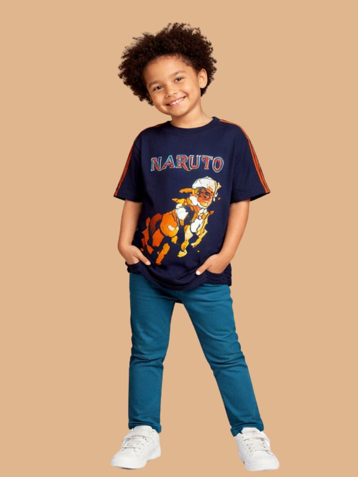 Albion Naruto Printed Kids T-Shirt | Trendy Navy Blue Anime Graphic Tee for Boys | Soft Cotton Casual Wear