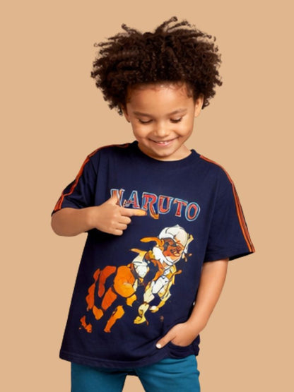 Albion Naruto Printed Kids T-Shirt | Trendy Navy Blue Anime Graphic Tee for Boys | Soft Cotton Casual Wear
