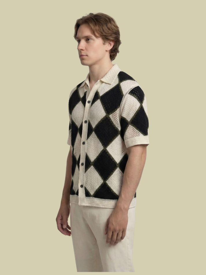 Albion Black & Beige Diamond Knit Shirt – Premium Summer Button-Down