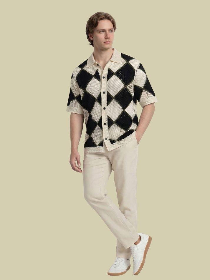 Albion Black & Beige Diamond Knit Shirt – Premium Summer Button-Down