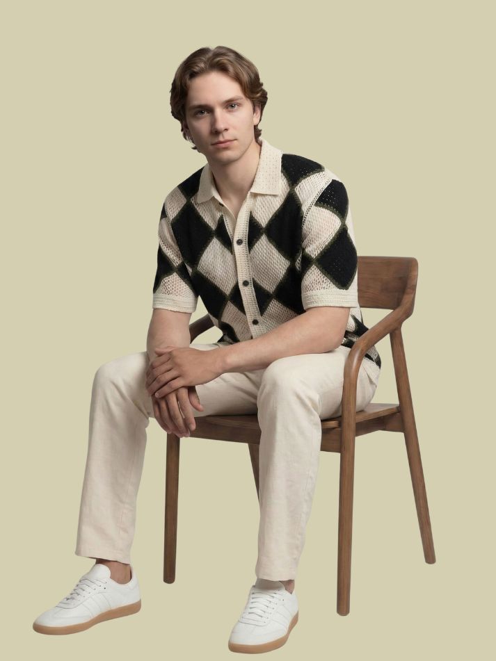 Albion Black & Beige Diamond Knit Shirt – Premium Summer Button-Down