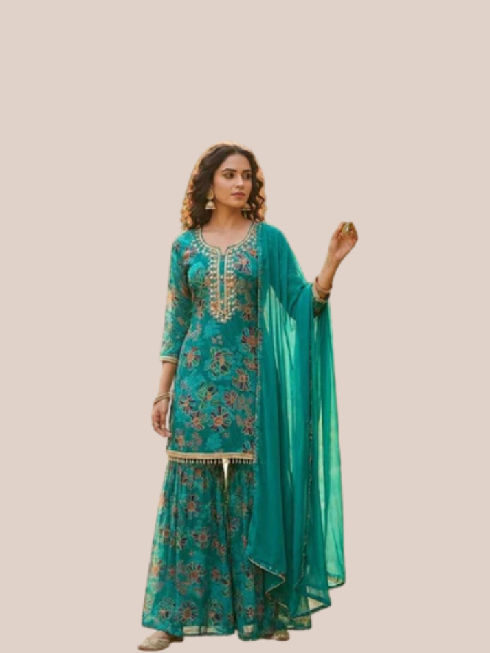 Albion Women’s Teal Green Embroidered Festive Kurta Sharara Set with Dupatta
