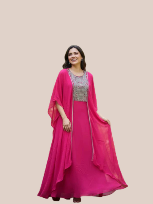 Albion Women’s Hot Pink Embroidered Festive Gown with Cape Dupatta