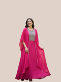 Albion Women’s Hot Pink Embroidered Festive Gown with Cape Dupatta