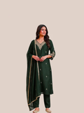 Albion Women’s Bottle Green Embroidered Festive Kurta Set with Dupatta