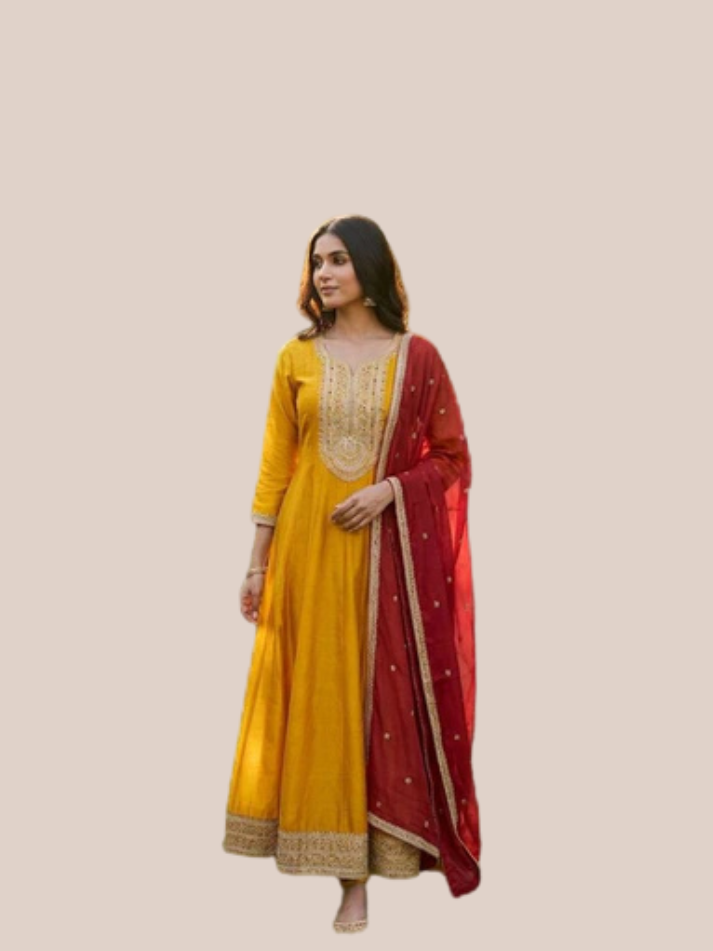 Albion Women’s Mustard Yellow Embroidered Anarkali Suit with Red Dupatta