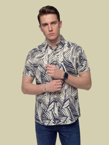 Albion Beige Tropical Leaf Print Shirt – Premium Summer Casual Shirt for Men
