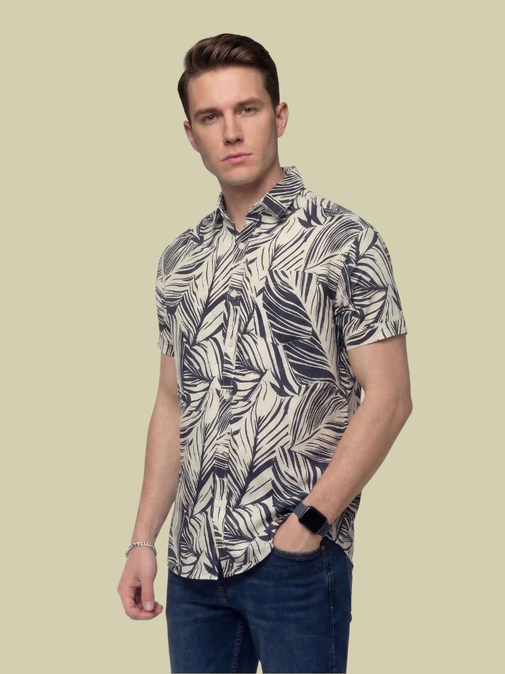 Albion Beige Tropical Leaf Print Shirt – Premium Summer Casual Shirt for Men