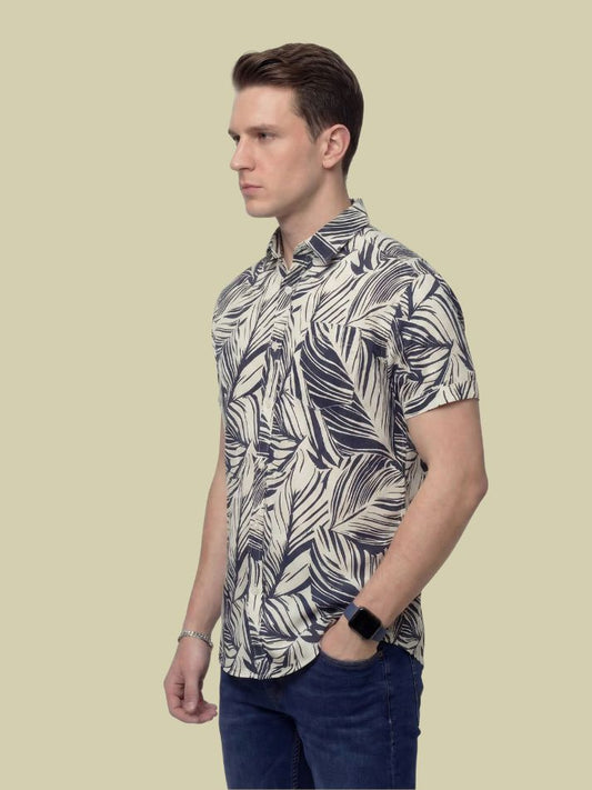 Albion Beige Tropical Leaf Print Shirt – Premium Summer Casual Shirt for Men
