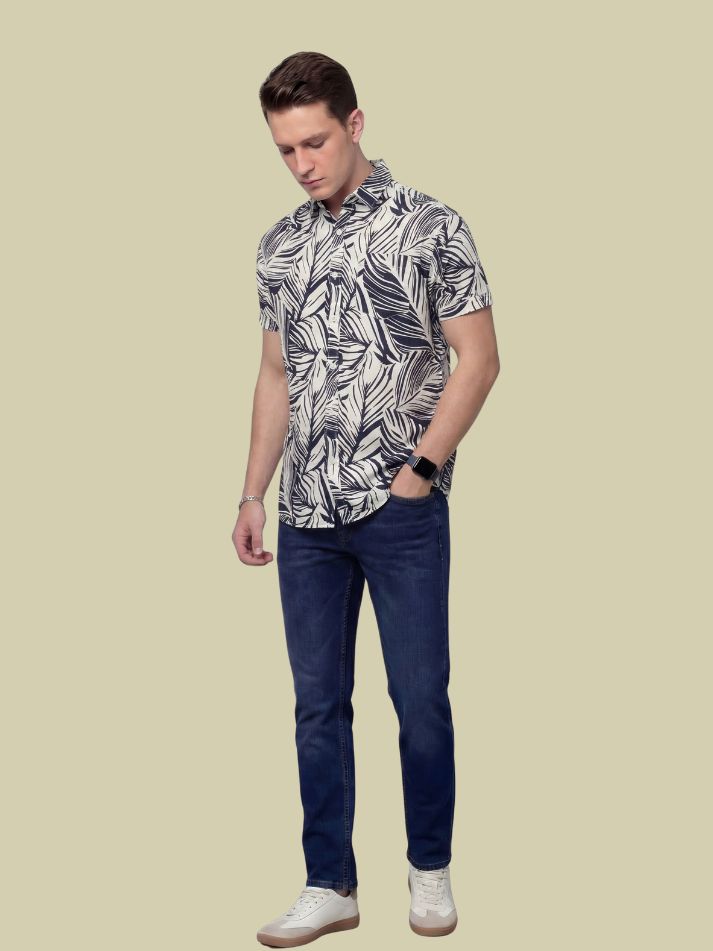 Albion Beige Tropical Leaf Print Shirt – Premium Summer Casual Shirt for Men