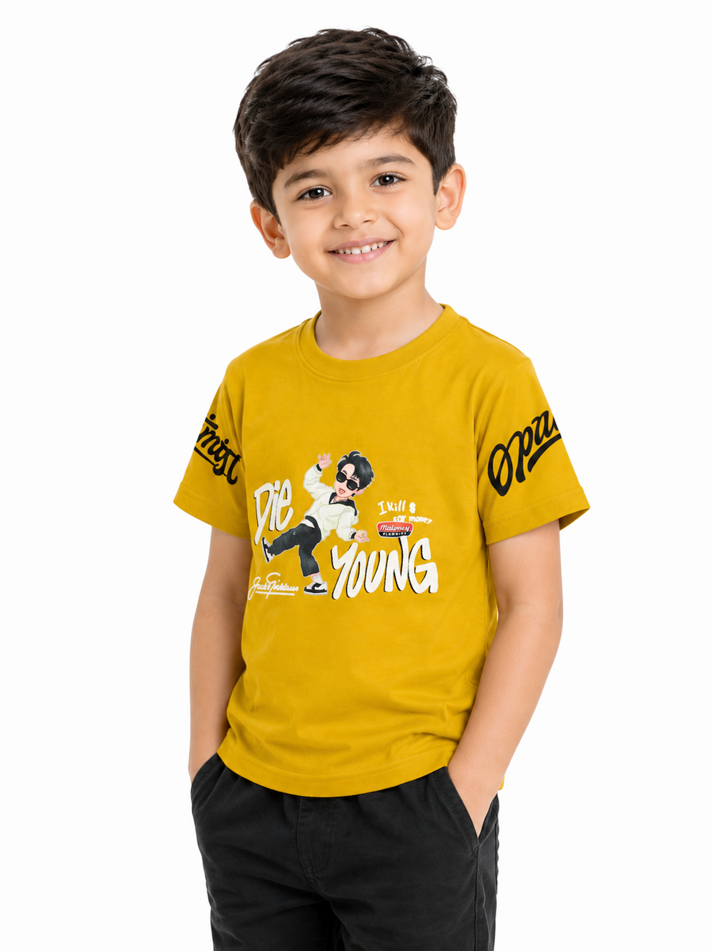Albion Premium Cotton Kids Yellow Graphic Print T-Shirt