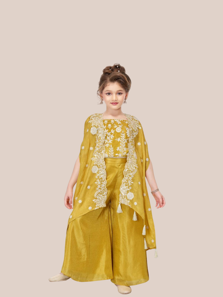 Girls Mustard Palazzo Suit Set with Cape Ethnic Wear