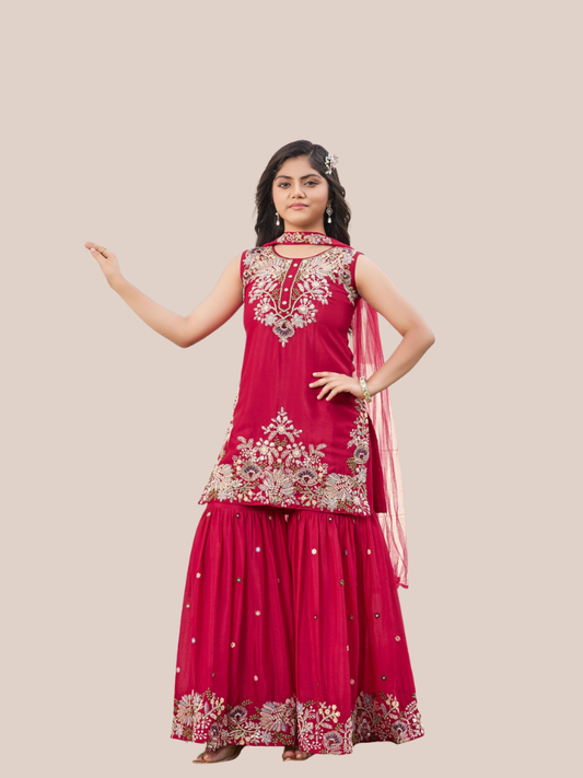 Girls Red Sharara Suit with Dupatta Embroidered Ethnic Outfit