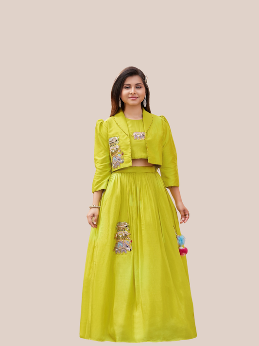 Girls Yellow Lehenga Set with Embroidered Jacket Festive Wear