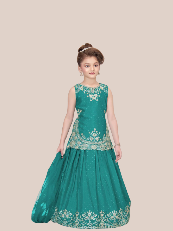 Girls Embroidered Green Lehenga Choli Set Party Wear Ethnic Dress