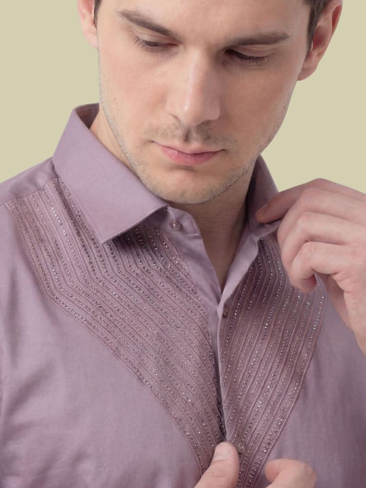 Albion Lavender Embroidered Shirt – Premium Party Wear Slim Fit Shirt for Men
