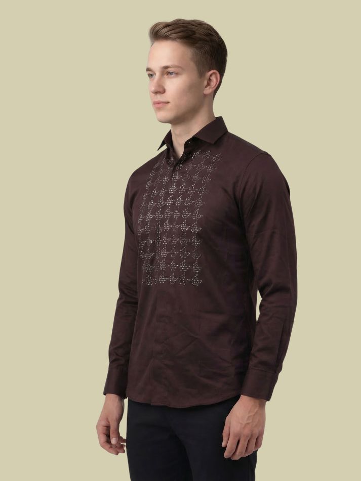 Albion Maroon Embroidered Shirt – Premium Party Wear Full Sleeve Shirt for Men