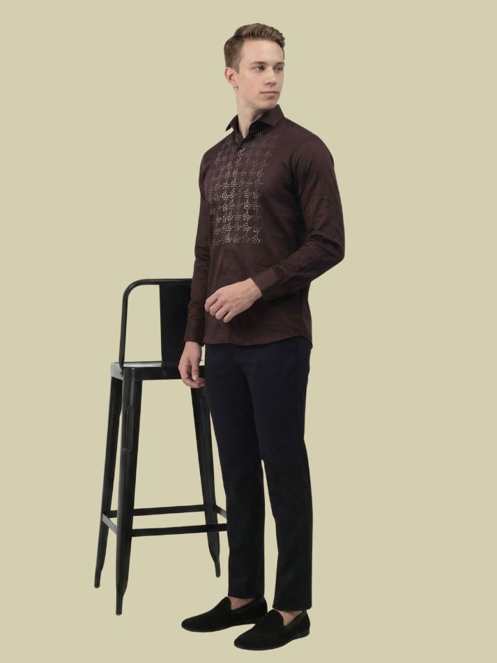 Albion Maroon Embroidered Shirt – Premium Party Wear Full Sleeve Shirt for Men