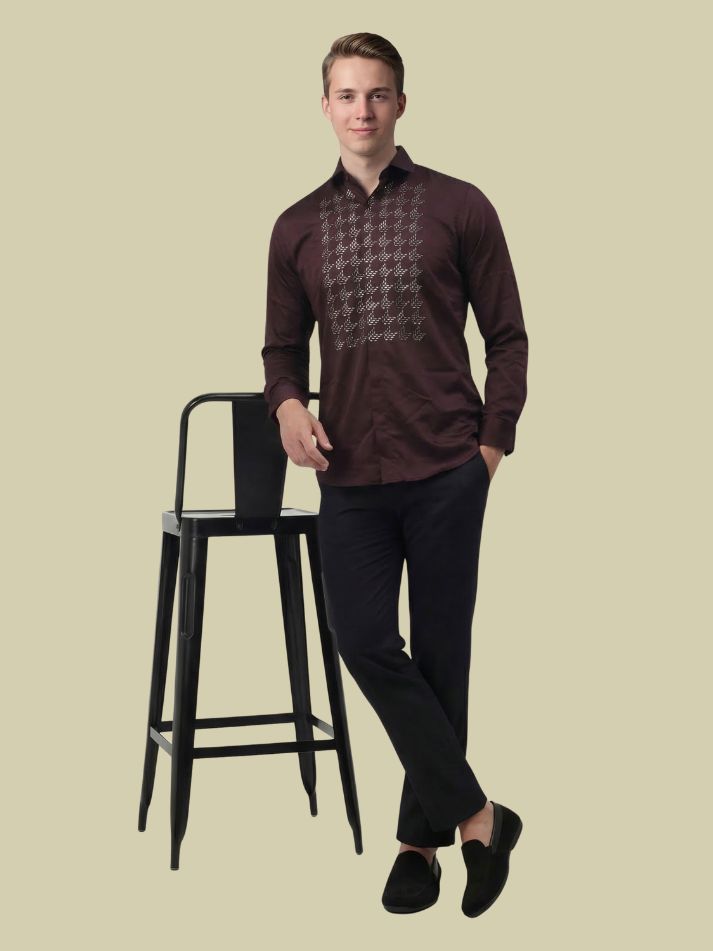 Albion Maroon Embroidered Shirt – Premium Party Wear Full Sleeve Shirt for Men