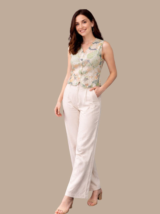 Albion Floral Printed Sleeveless Co-Ord Set for Women | Lightweight Top & Wide Leg Pant Set