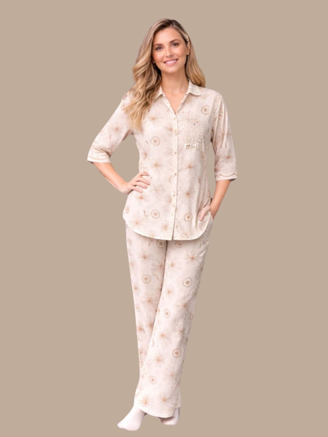 Albion Beige Embroidered Co-Ord Set for Women | Premium Shirt & Pant Set | Elegant Designer Outfit