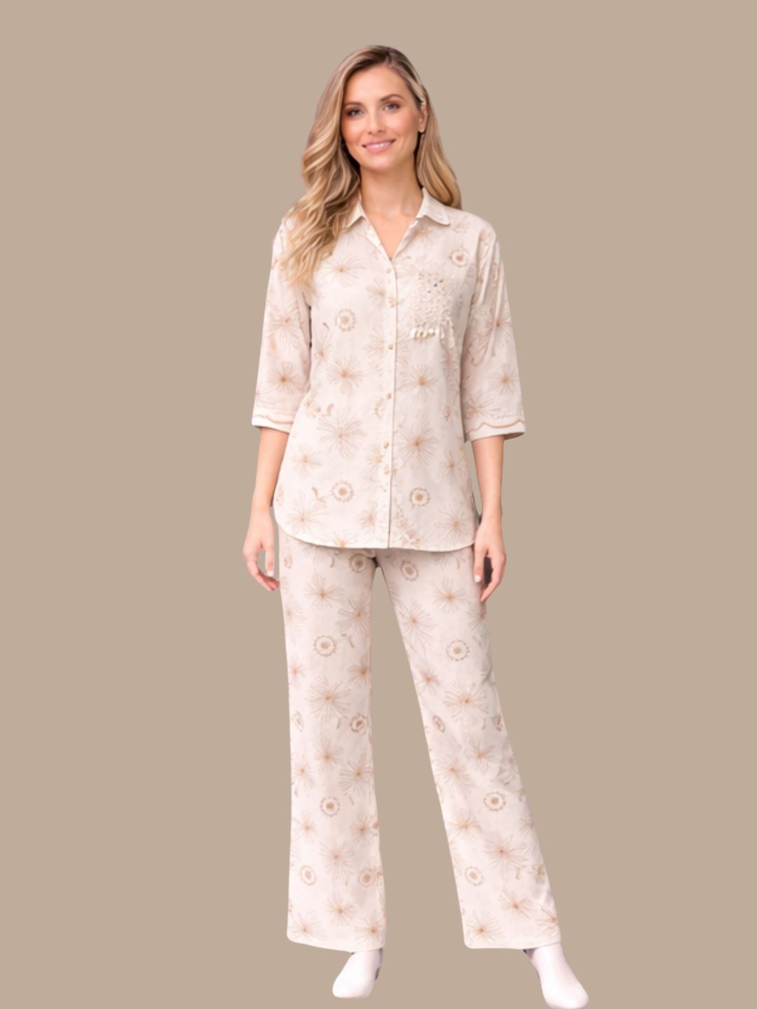 Albion Beige Embroidered Co-Ord Set for Women | Premium Shirt & Pant Set | Elegant Designer Outfit