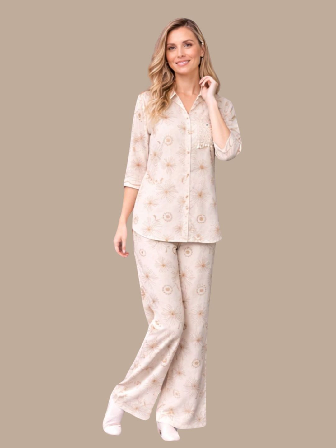 Albion Beige Embroidered Co-Ord Set for Women | Premium Shirt & Pant Set | Elegant Designer Outfit