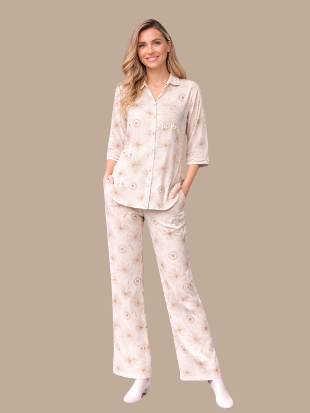 Albion Beige Embroidered Co-Ord Set for Women | Premium Shirt & Pant Set | Elegant Designer Outfit