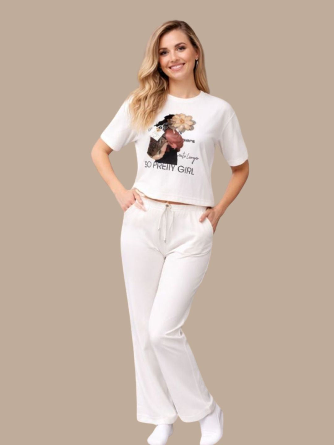 Albion White Graphic Co-Ord Set for Women | Casual T-Shirt & Track Pant Set | Stylish Daily Wear Outfit