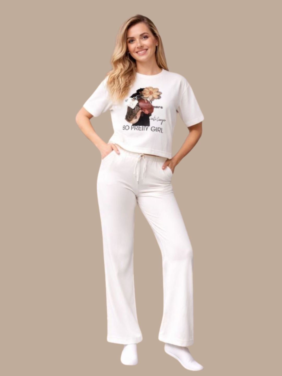 Albion White Graphic Co-Ord Set for Women | Casual T-Shirt & Track Pant Set | Stylish Daily Wear Outfit