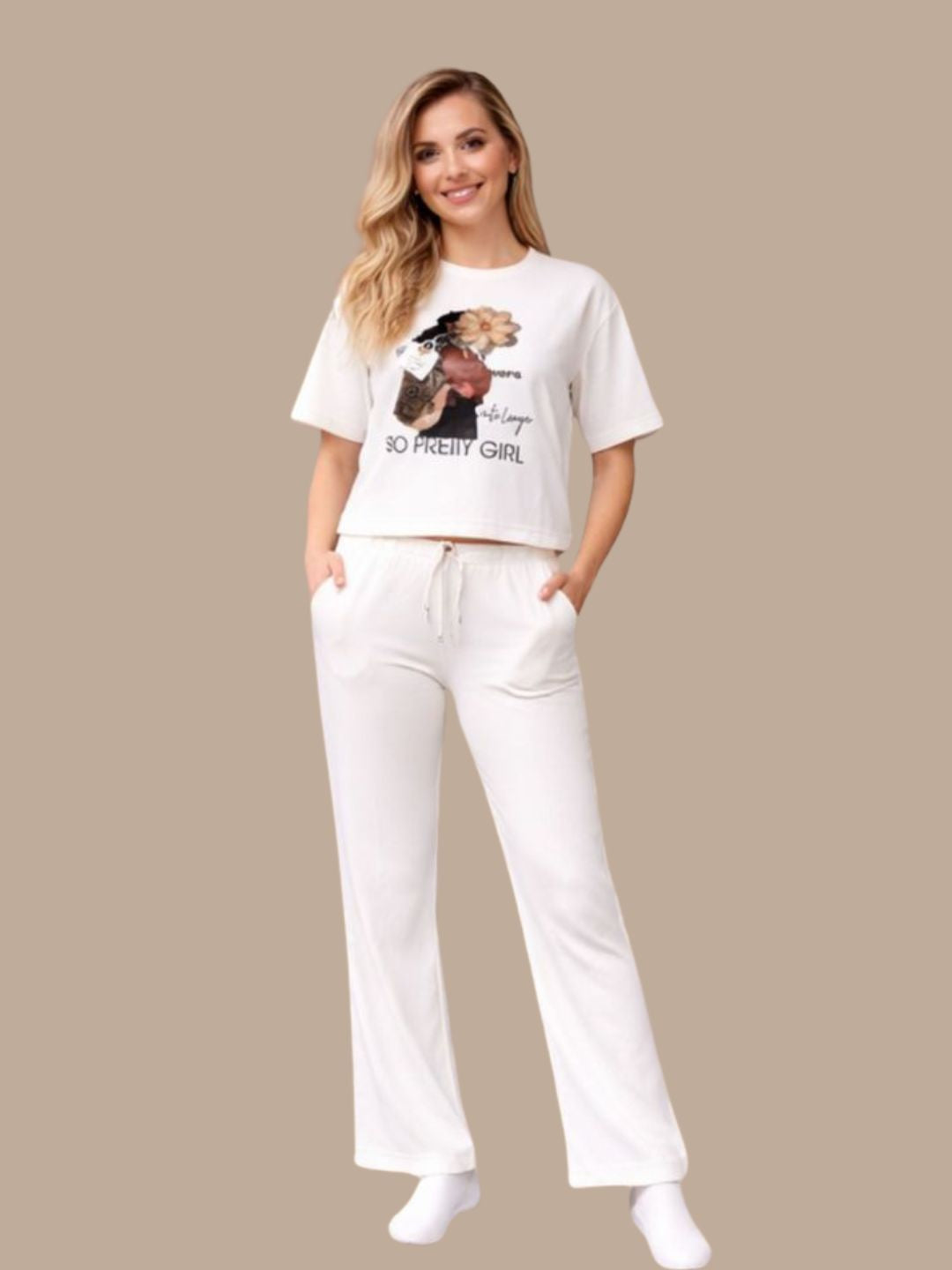 Albion White Graphic Co-Ord Set for Women | Casual T-Shirt & Track Pant Set | Stylish Daily Wear Outfit