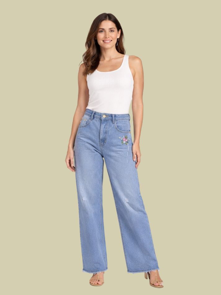 Albion Light Blue Floral Embroidered Wide Leg Jeans for Women | Trendy Distressed Denim High Waist Pants