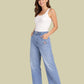 Albion Light Blue Floral Embroidered Wide Leg Jeans for Women | Trendy Distressed Denim High Waist Pants