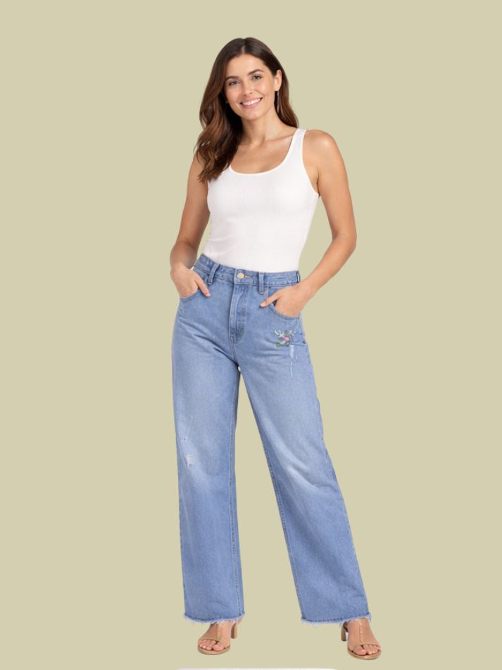 Albion Light Blue Floral Embroidered Wide Leg Jeans for Women | Trendy Distressed Denim High Waist Pants