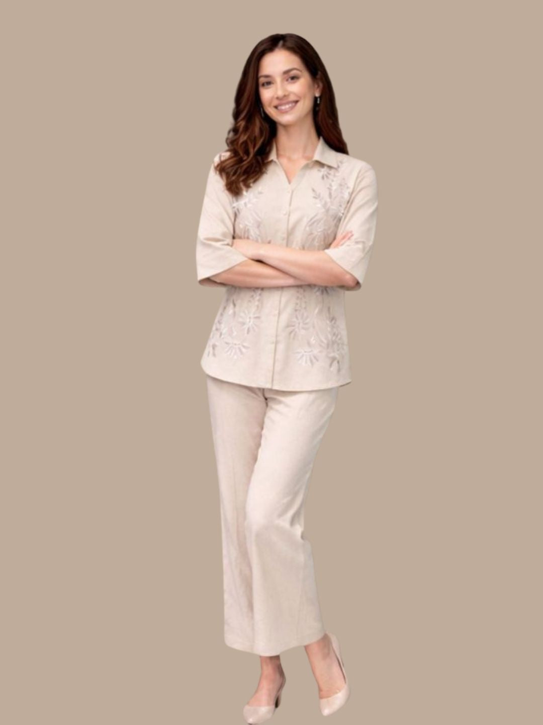 Albion Beige Minimal Co-Ord Set for Women | Premium Solid Shirt & Pant Set | Elegant Casual Outfit