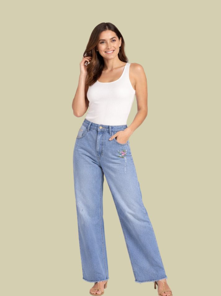Albion Light Blue Floral Embroidered Wide Leg Jeans for Women | Trendy Distressed Denim High Waist Pants