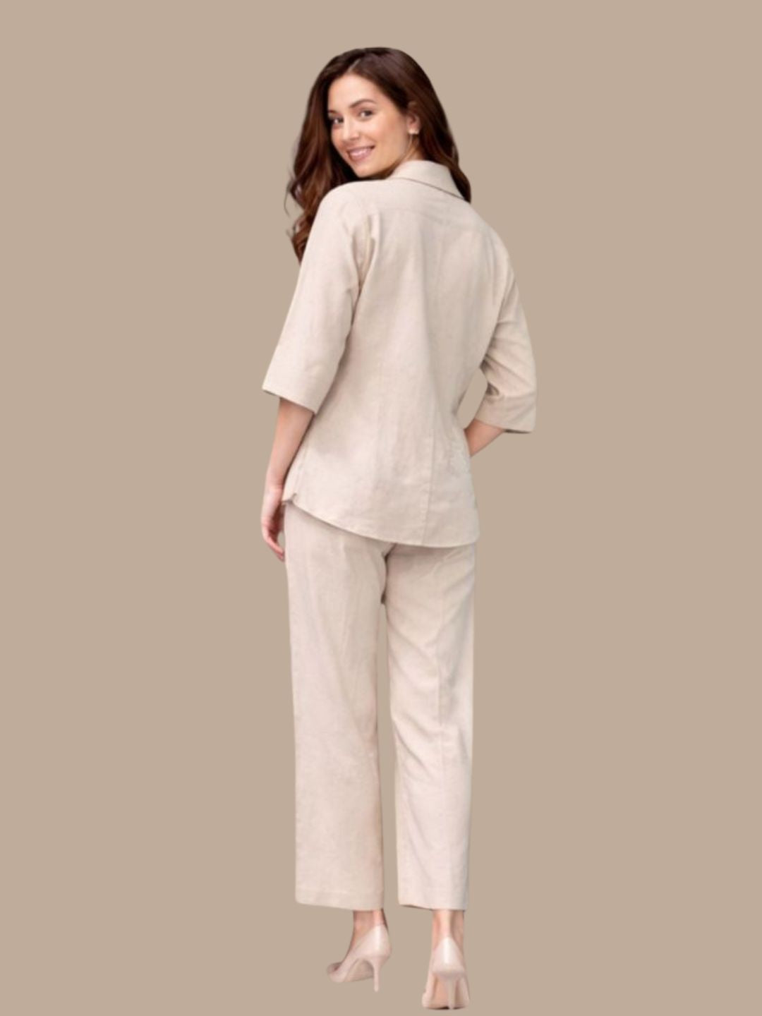 Albion Beige Minimal Co-Ord Set for Women | Premium Solid Shirt & Pant Set | Elegant Casual Outfit