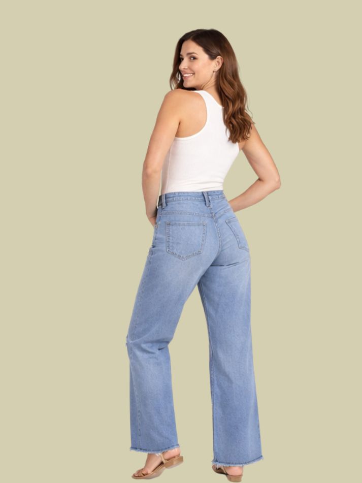 Albion Light Blue Floral Embroidered Wide Leg Jeans for Women | Trendy Distressed Denim High Waist Pants
