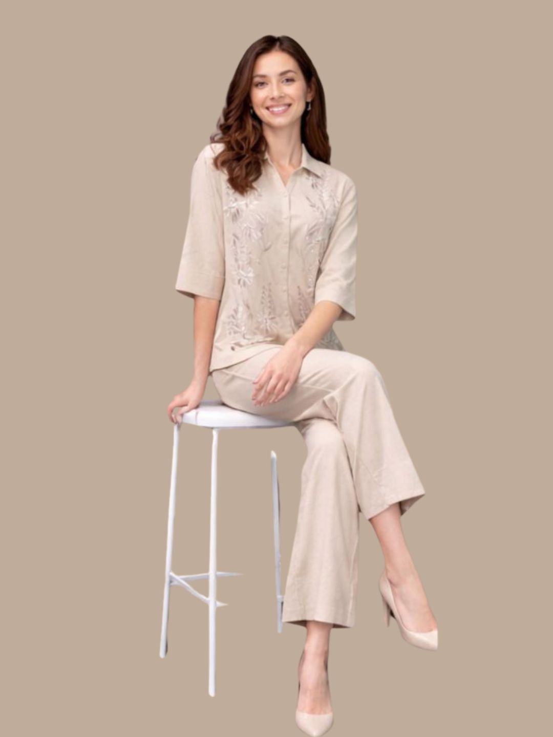 Albion Beige Minimal Co-Ord Set for Women | Premium Solid Shirt & Pant Set | Elegant Casual Outfit