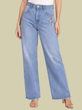 Albion Light Blue Floral Embroidered Wide Leg Jeans for Women | Trendy Distressed Denim High Waist Pants