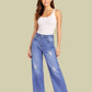 Albion Mid Blue Distressed Wide Leg Jeans for Women | Trendy High Waist Ripped Denim Pants